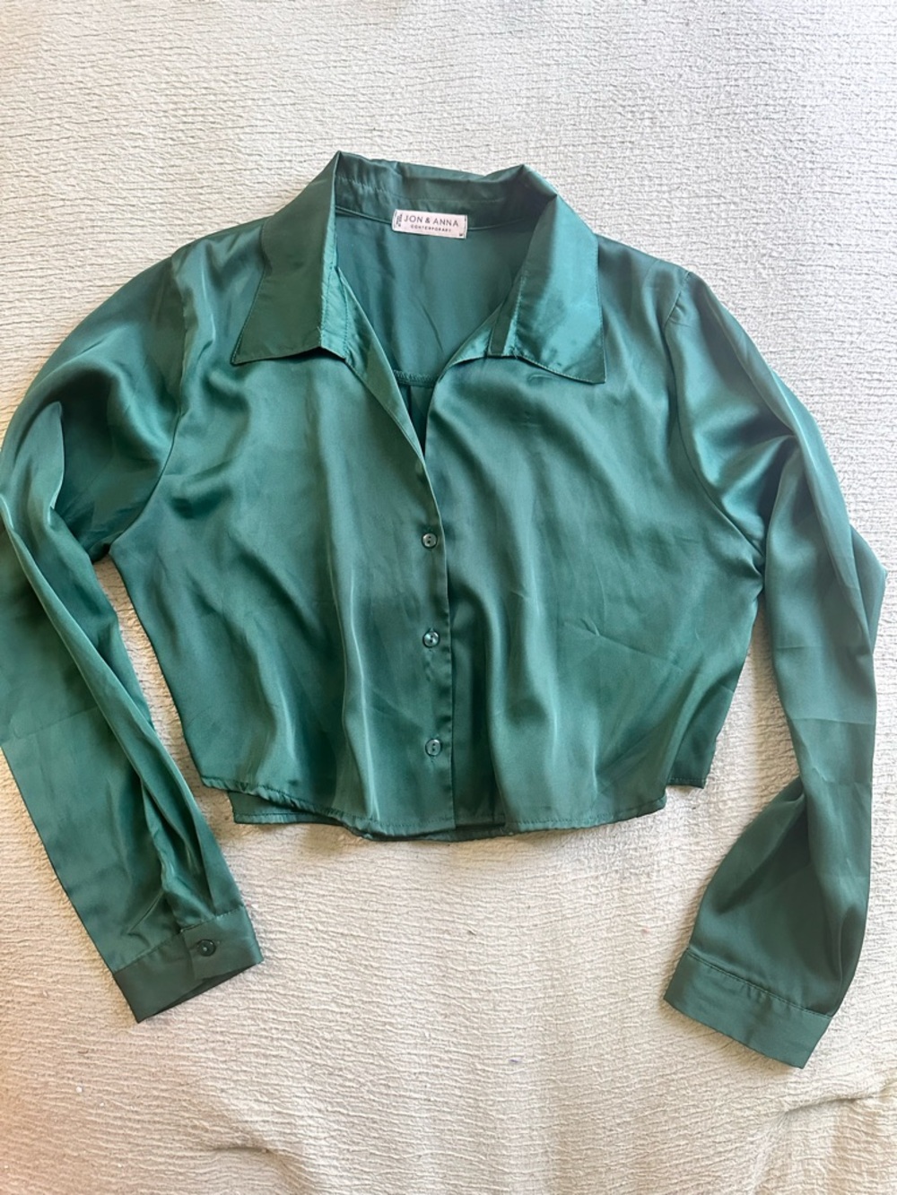 Jon & Anna Teal Green Satin Button-Front Crop Blouse